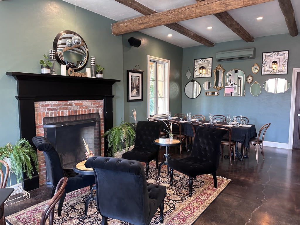 Fireplace inside the tasting room at Walnut Ridge Vineyard